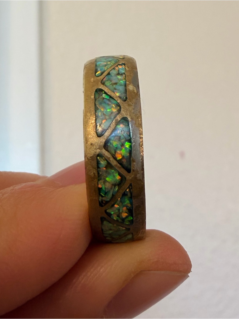 Sterling Silver Opal Inlay Band Ring - Green Blue Opal